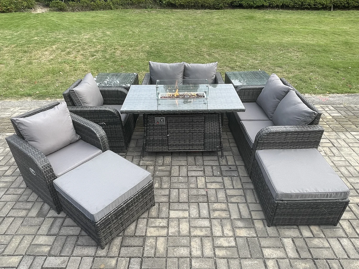 Gartensofa Set mit Gas Feuerstelle Dunkelgrau 8-Sitzer