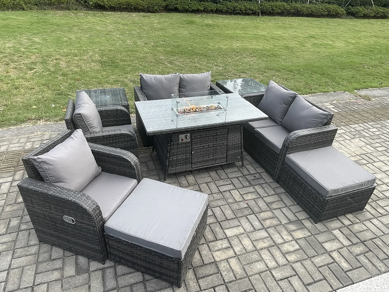 Gartensofa Set mit Gas Feuerstelle Dunkelgrau 8-Sitzer