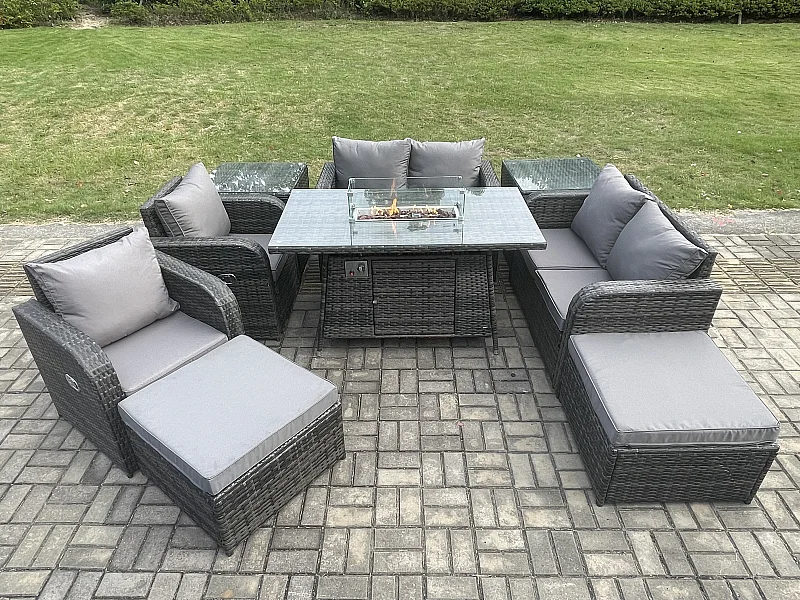 Gartensofa Set mit Gas Feuerstelle Dunkelgrau 8-Sitzer