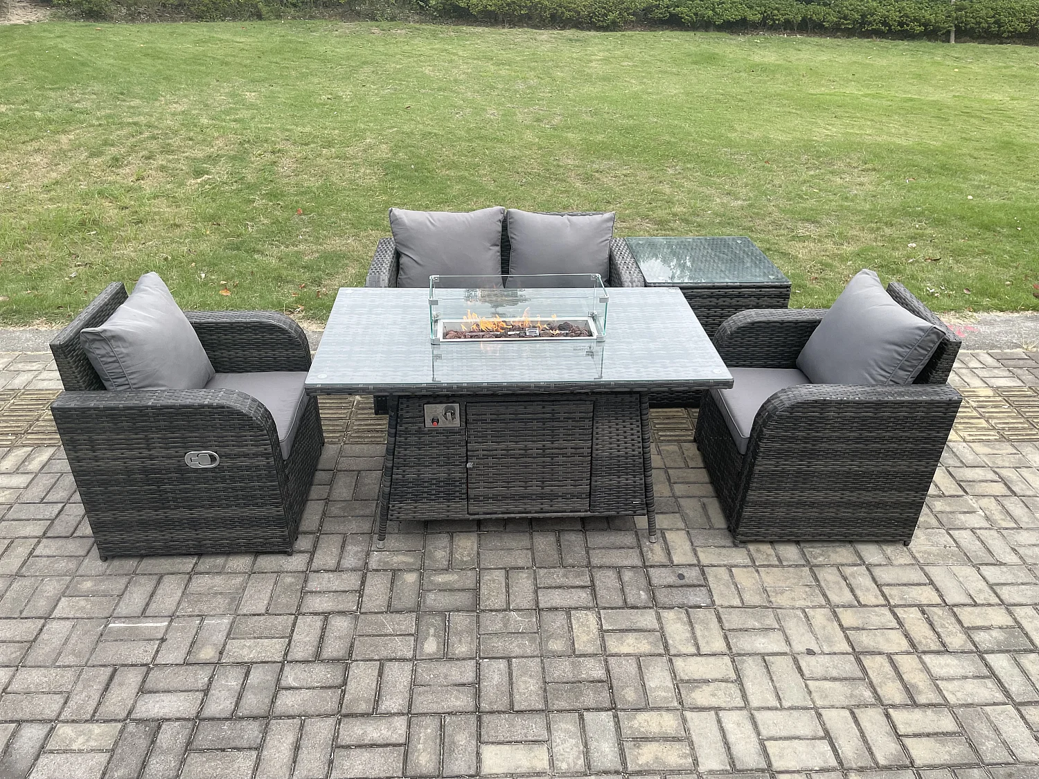 Fimous Rattan Outdoor Garden Furniture Set Gas Fire Pit Dining Table with Side Table Chair Love seat Sofa