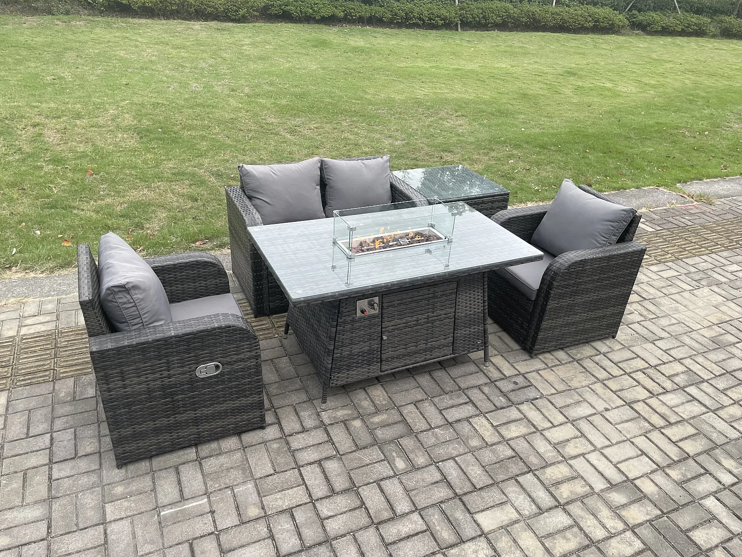 Fimous Rattan Outdoor Garden Furniture Set Gas Fire Pit Dining Table with Side Table Chair Love seat Sofa