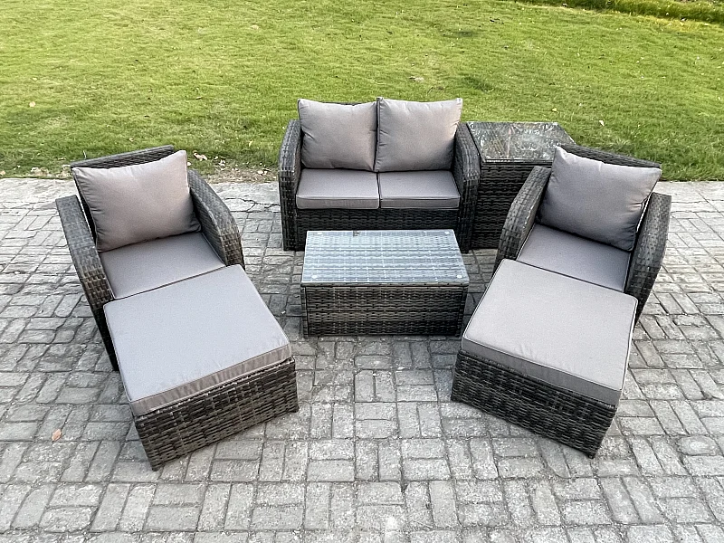 6-Sitzer Rattan Gartenmöbel Set mit Gartensofa Dunkelgrau