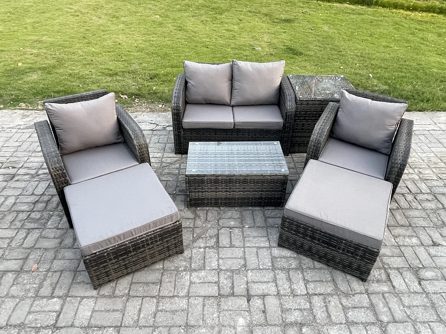6-Sitzer Rattan Gartenmöbel Set mit Gartensofa Dunkelgrau