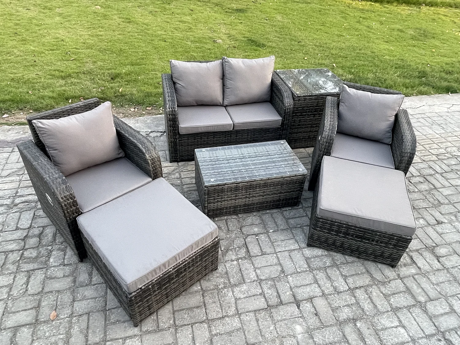 6-Sitzer Rattan Gartenmöbel Set mit Gartensofa Dunkelgrau