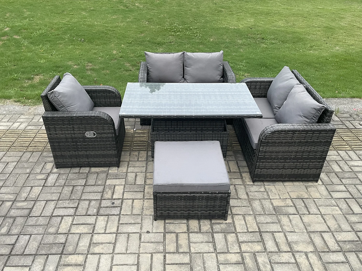 Polyrattan Gartenmöbel Set mit Esstisch Hocker 6-Sitzer