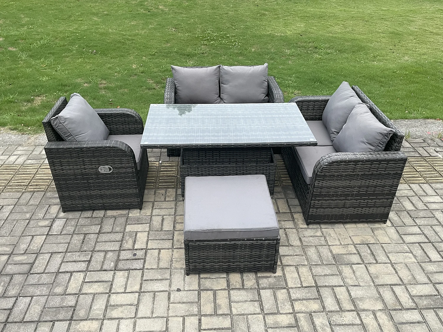 Polyrattan Gartenmöbel Set mit Esstisch Hocker 6-Sitzer