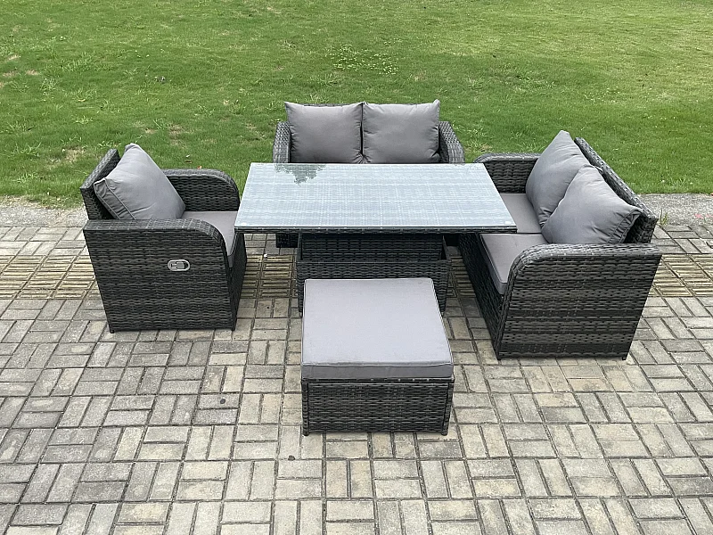 Polyrattan Gartenmöbel Set mit Esstisch Hocker 6-Sitzer
