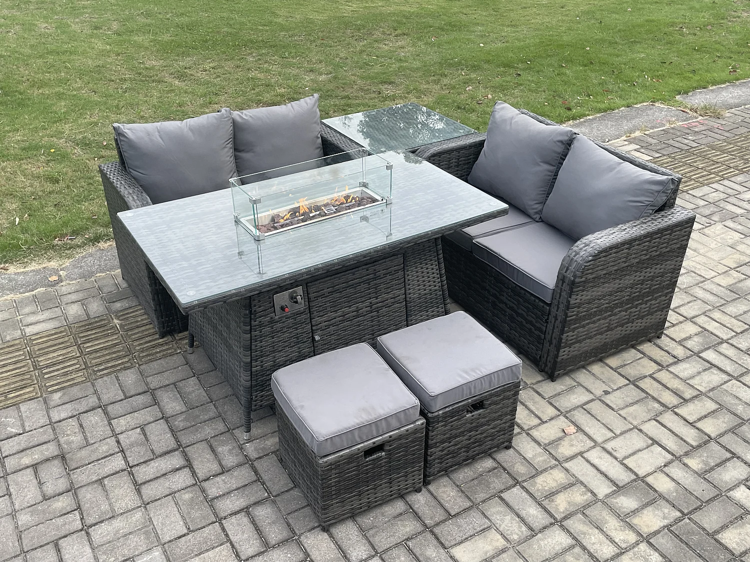 Gartengarnitur Polyrattan mit Gas Feuerstelle 6-Sitzer Dunkelgrau