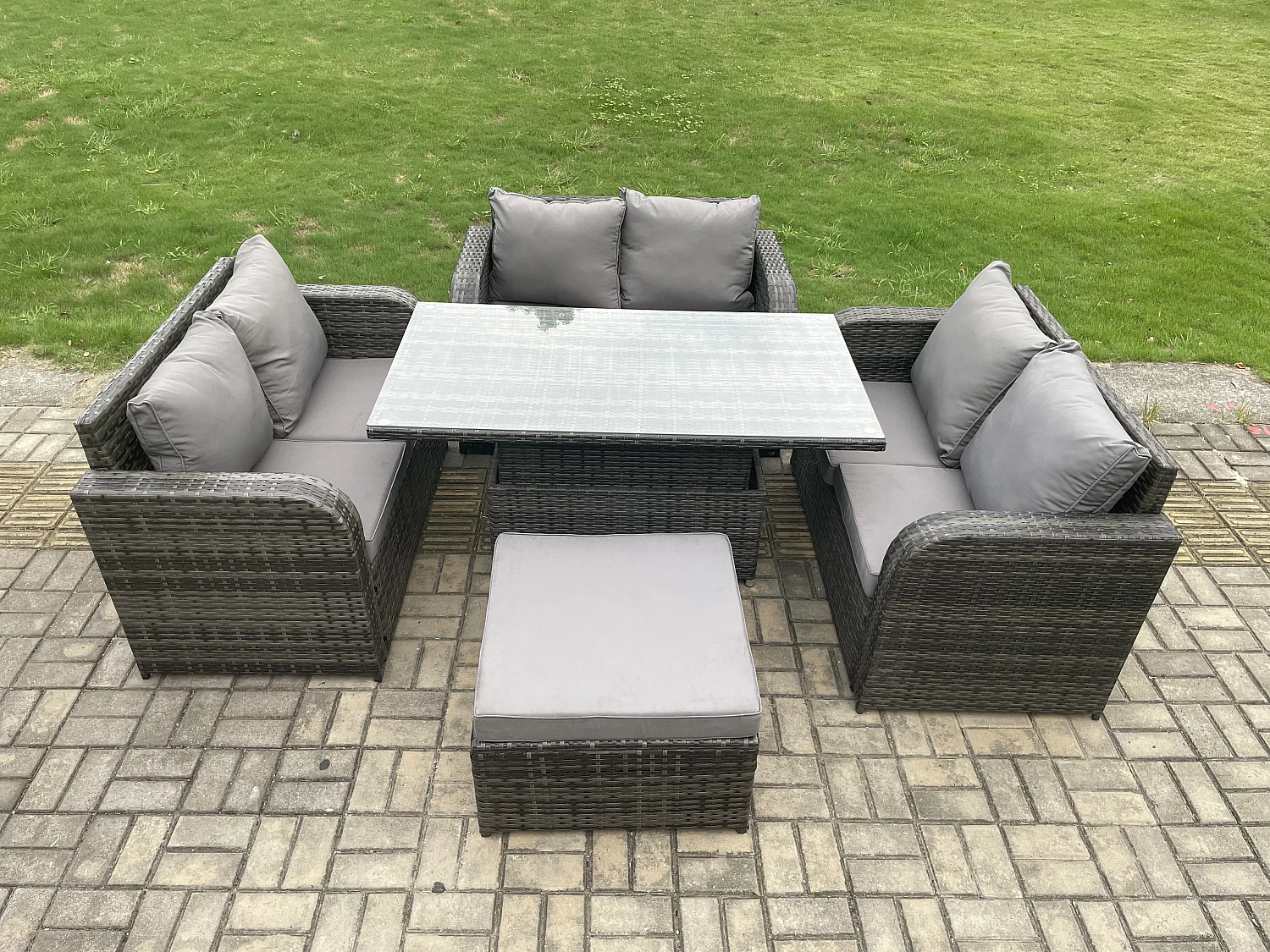 Polyrattan Gartenmöbel Set mit Esstisch Hocker Sofa 7-Sitzer