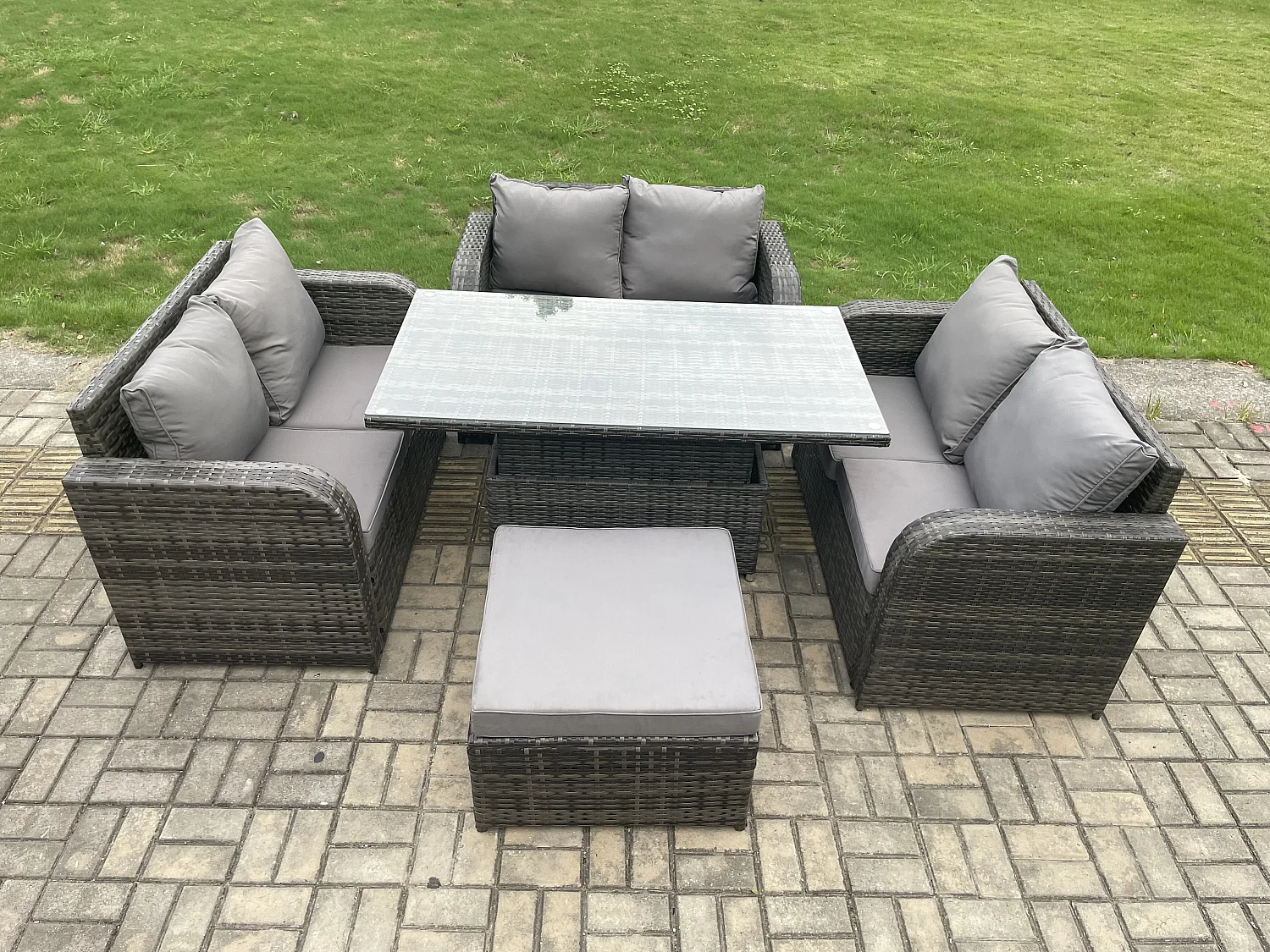 Polyrattan Gartenmöbel Set mit Esstisch Hocker Sofa 7-Sitzer