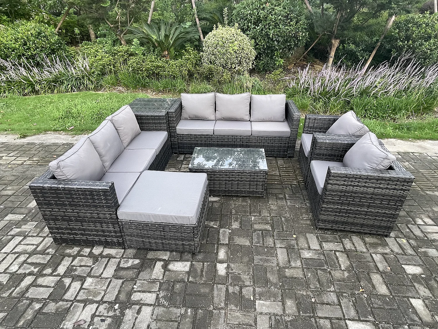 Fimous 9 Seater Outdoor Lounge Sofa Set Wicker PE Rattan Garden Furniture Set with 2 Armchair Oblong Coffee Table Side Table Big Footstool Dark Grey Mixed