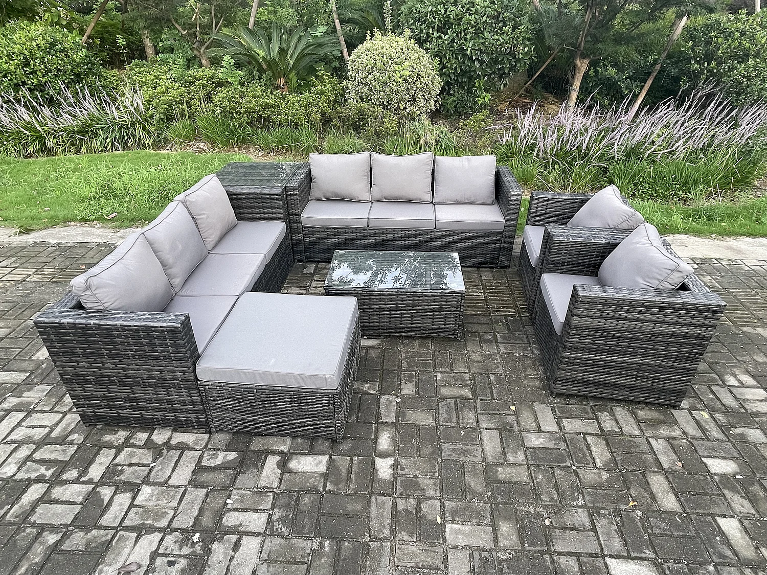 Fimous 9 Seater Outdoor Lounge Sofa Set Wicker PE Rattan Garden Furniture Set with 2 Armchair Oblong Coffee Table Side Table Big Footstool Dark Grey Mixed
