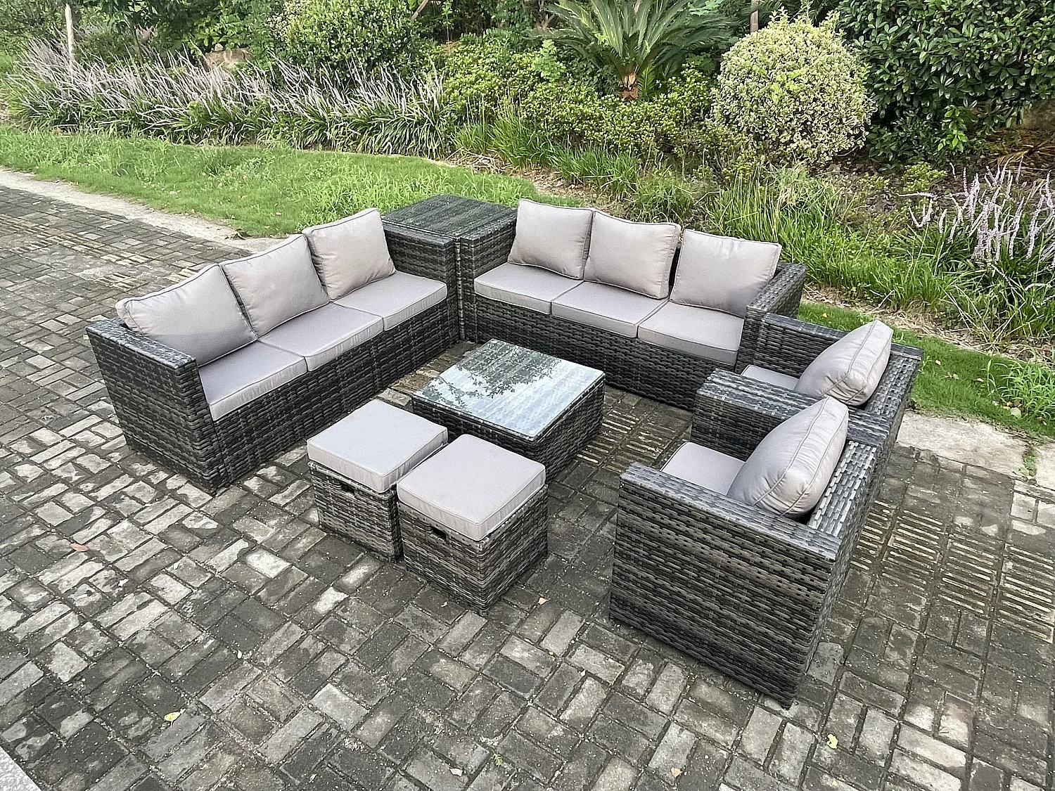 Fimous Rattan Garden Furniture Sofa Set with 2 Armchairs Square Coffee Table Side Table 2 Small Footstools Indoor Side Table 10 Seater Outdoor Rattan Set