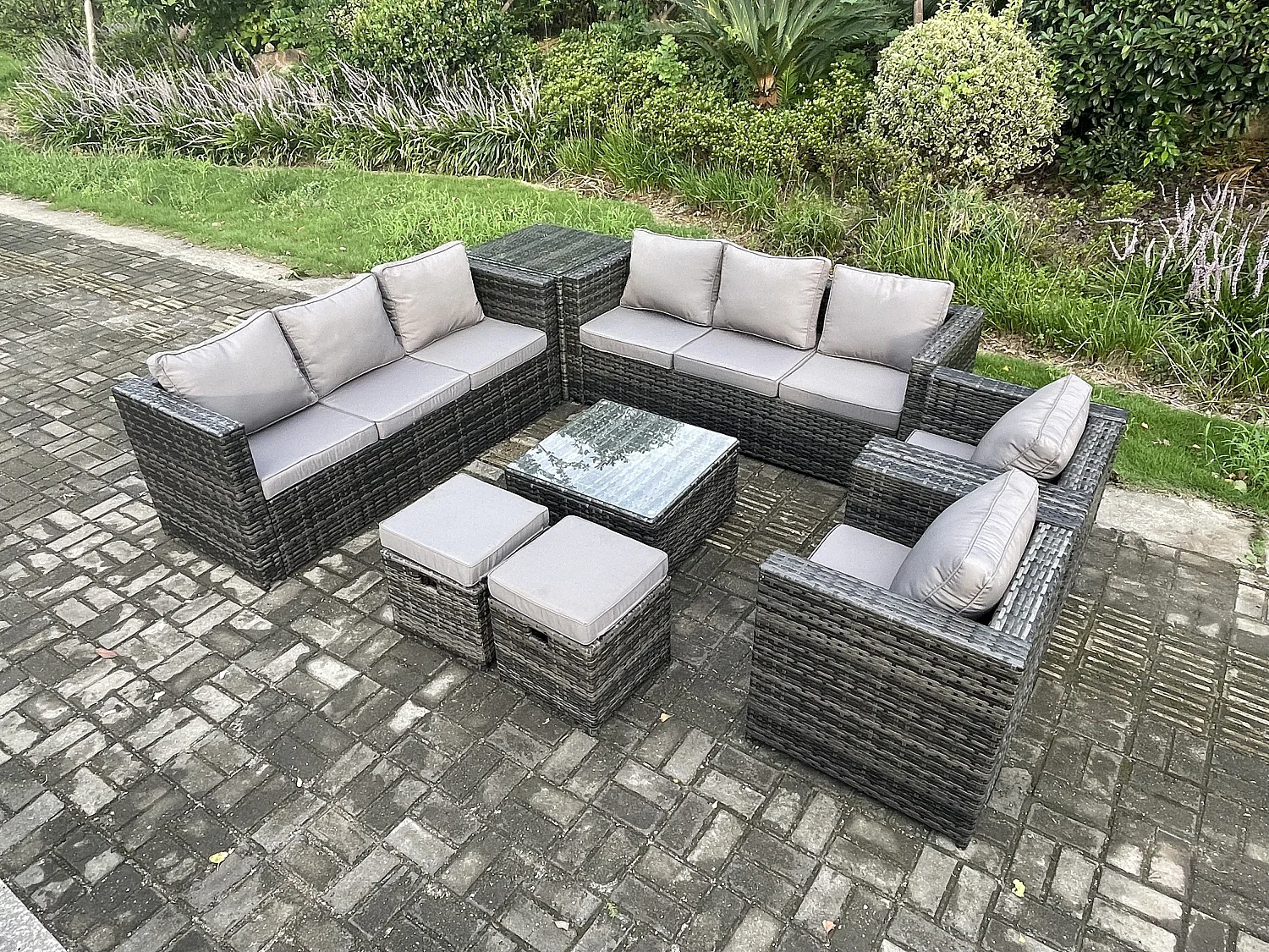 Fimous Rattan Garden Furniture Sofa Set with 2 Armchairs Square Coffee Table Side Table 2 Small Footstools Indoor Side Table 10 Seater Outdoor Rattan Set