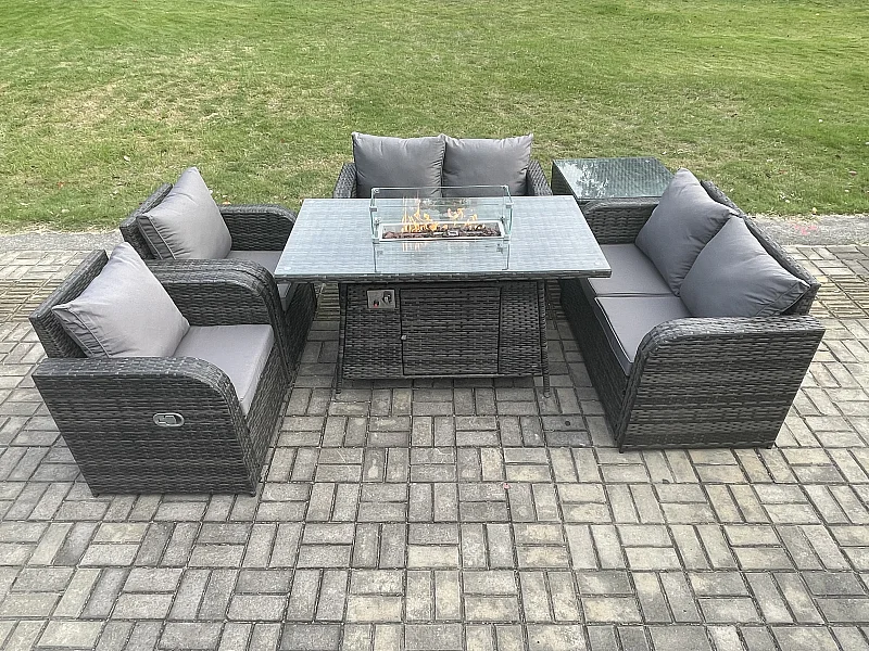 Gartengarnitur Polyrattan mit Gas Feuerstelle Dunkelgrau 6-Sitzer