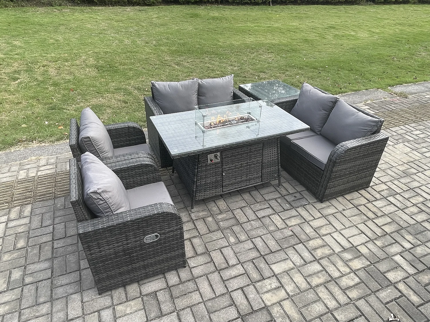 Gartengarnitur Polyrattan mit Gas Feuerstelle Dunkelgrau 6-Sitzer