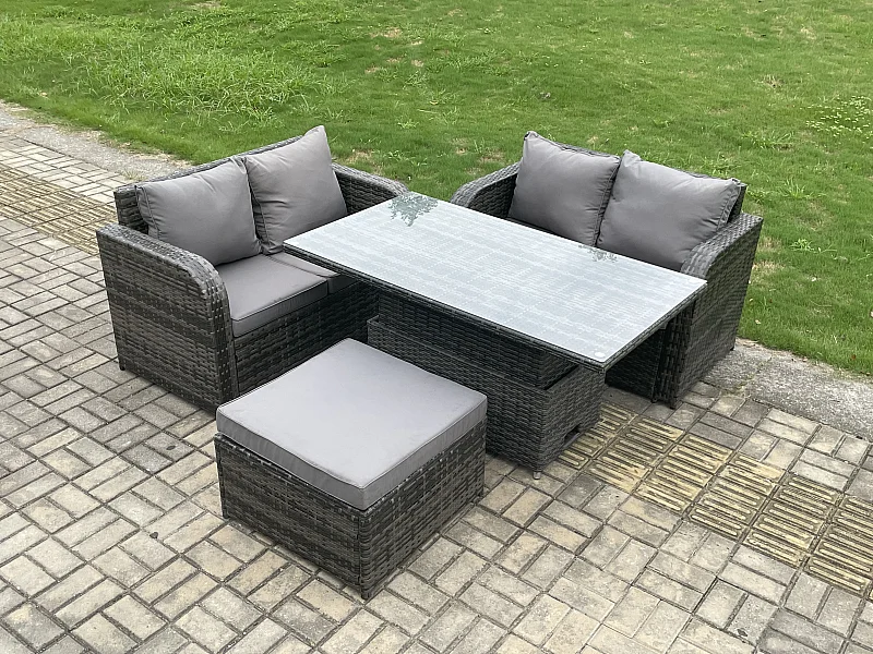 Polyrattan Gartenmöbel Set mit Einstellbare Höhe Esstisch Dunkelgrau 5-Sitzer