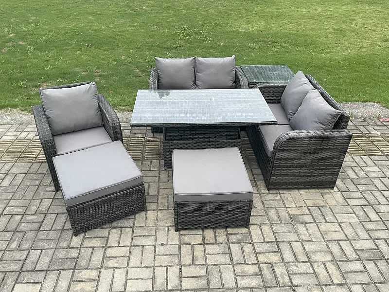 7-Sitzer Polyrattan Gartenmöbel Set mit Esstisch Dunkelgrau