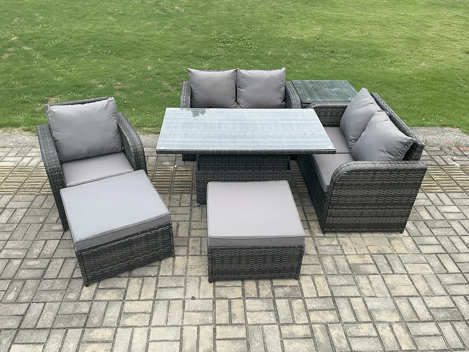 7-Sitzer Polyrattan Gartenmöbel Set mit Esstisch Dunkelgrau