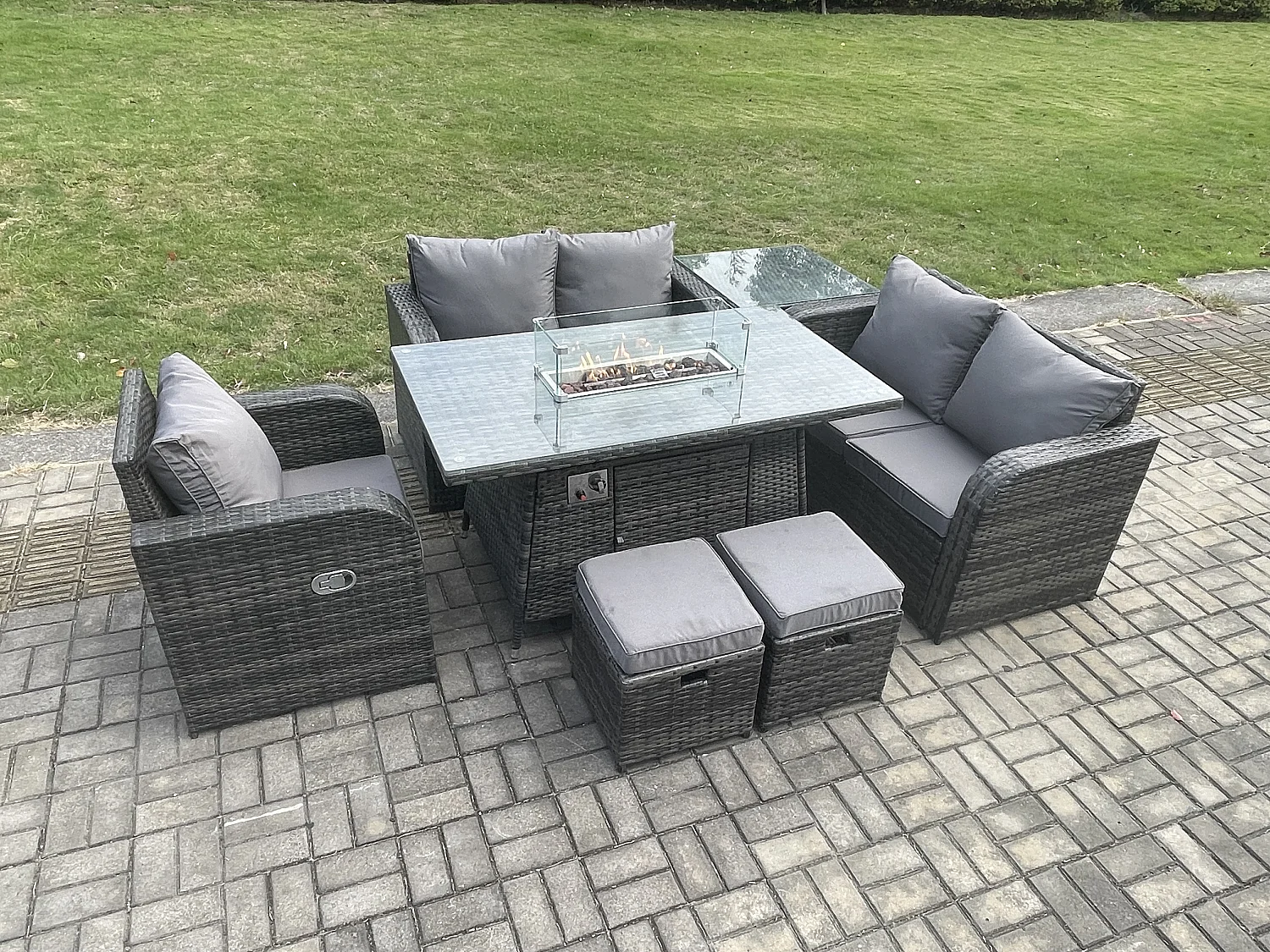 Gartensofa Set mit Gas Feuerstelle Dunkelgrau 7-Sitzer