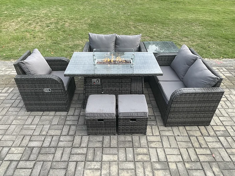Gartensofa Set mit Gas Feuerstelle Dunkelgrau 7-Sitzer