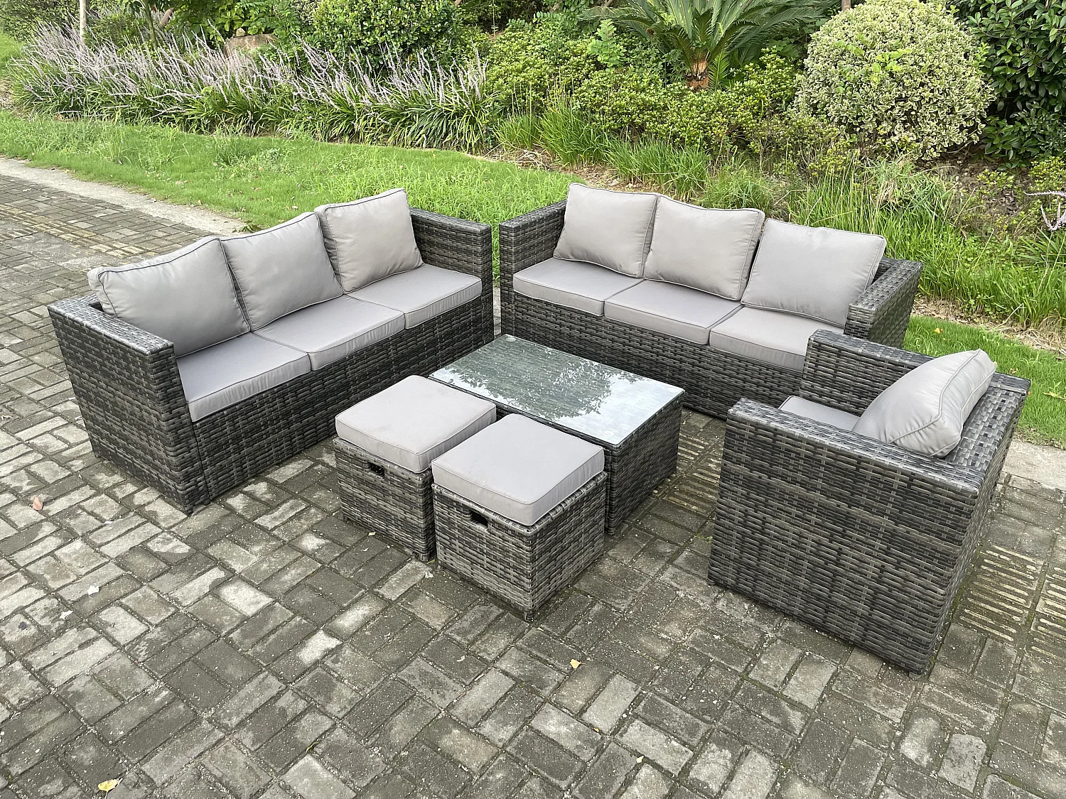 Fimous Wicker PE Rattan Sofa Set Outdoor Patio Garden Furniture with Armchair Oblong Coffee Table 2 Small Footstools Dark Grey Mixed