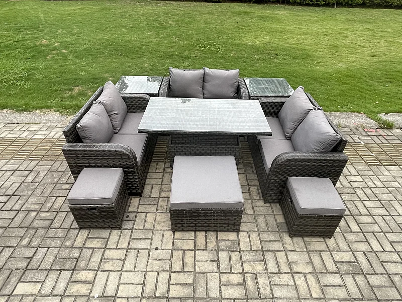 9-Sitzer Polyrattan Gartenmöbel Set mit Beistelltisch Dunkelgrau