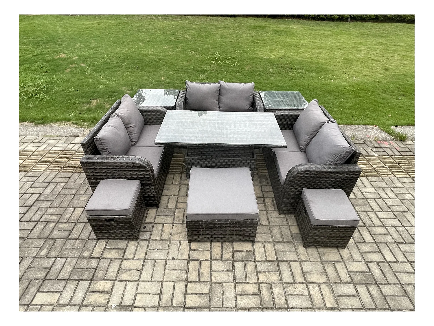 9-Sitzer Polyrattan Gartenmöbel Set mit Beistelltisch Dunkelgrau