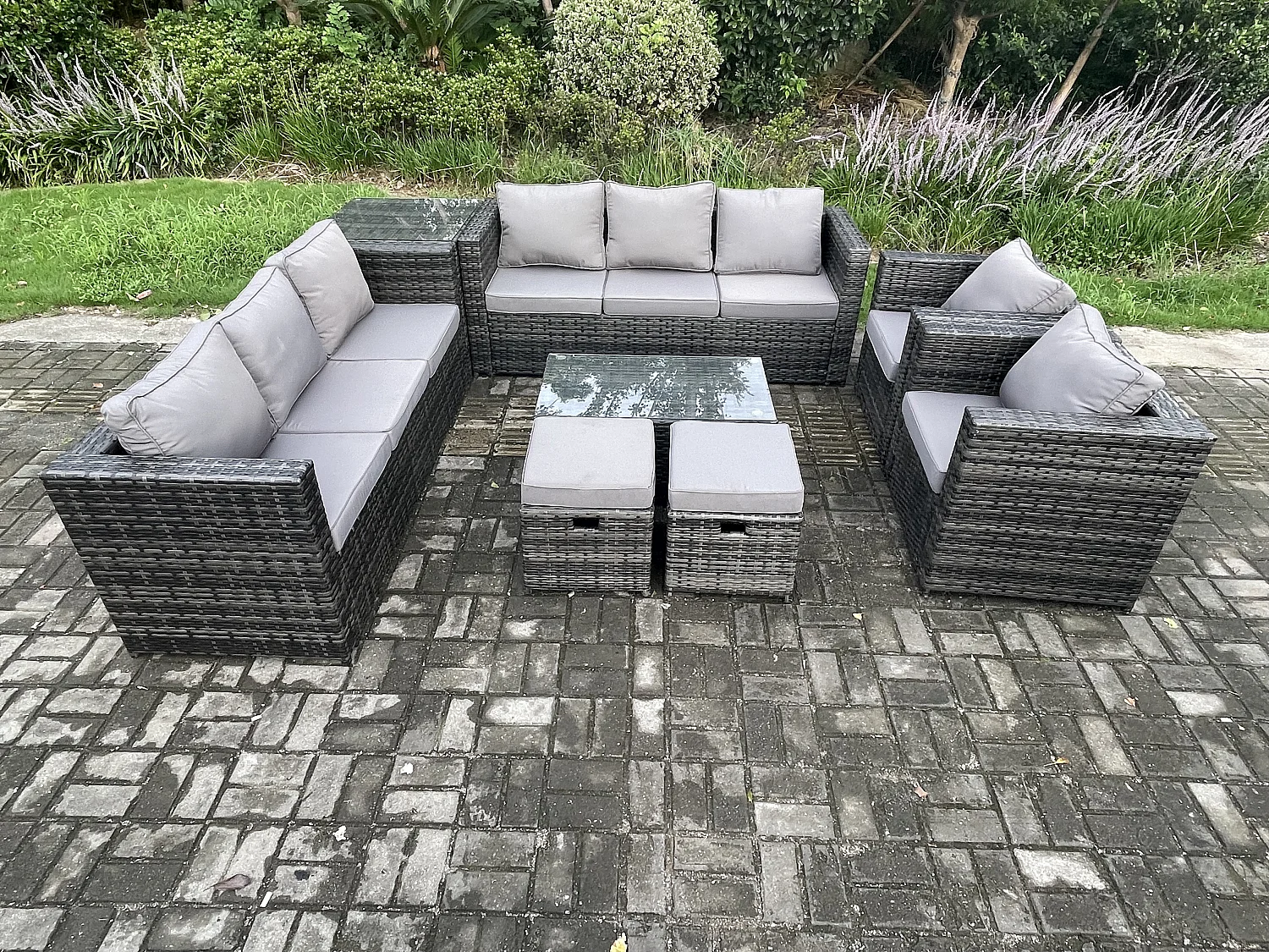Fimous Outdoor Lounge Sofa Set Wicker PE Rattan Garden Furniture Set with 2 Armchairs Oblong Coffee Table Side Table 2 Small Footstools Dark Grey Mixed