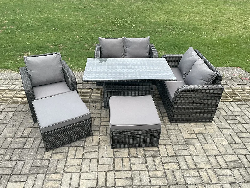 Polyrattan Gartenmöbel Set mit Esstisch 7-Sitzer Dunkelgrau