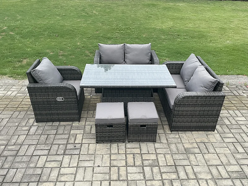 Polyrattan Gartenmöbel Set mit Esstisch Hocker 7-Sitzer