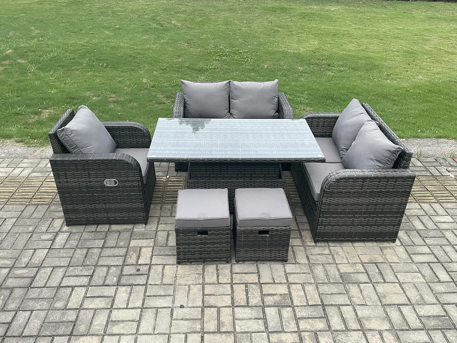 Polyrattan Gartenmöbel Set mit Esstisch Hocker 7-Sitzer