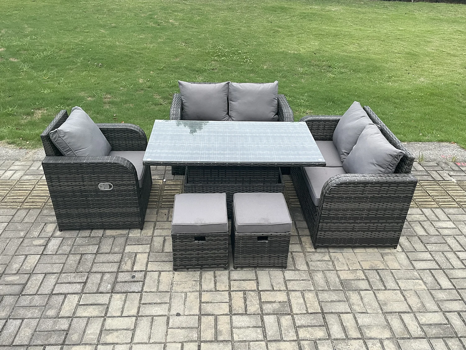 Polyrattan Gartenmöbel Set mit Esstisch Hocker 7-Sitzer