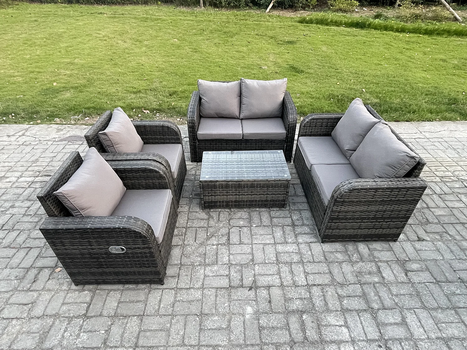 6-Sitzer Rattan Gartenmöbel Set mit Tish Sofa Dunkelgrau
