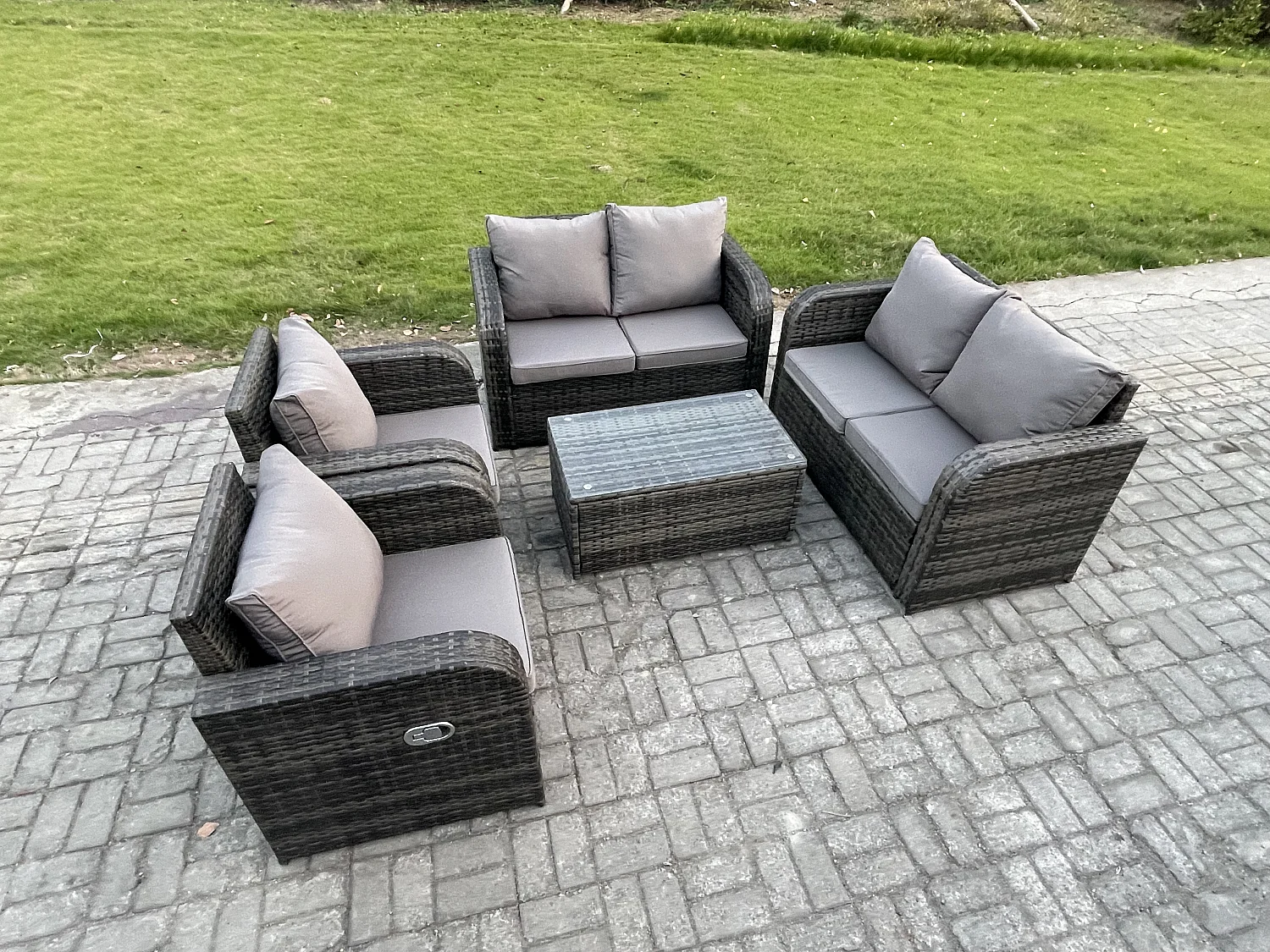 6-Sitzer Rattan Gartenmöbel Set mit Tish Sofa Dunkelgrau