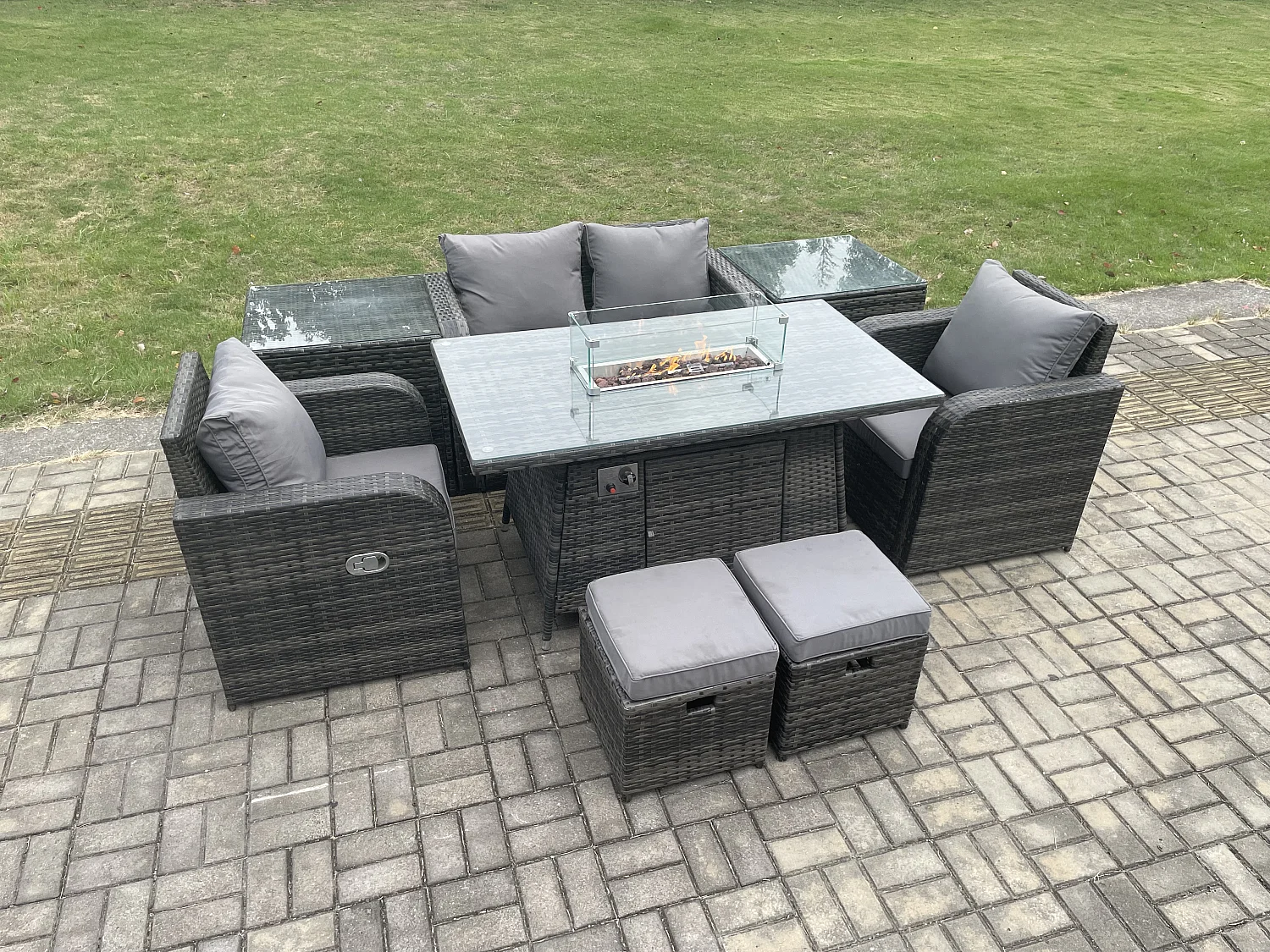 6-Sitzer Gartengarnitur Polyrattan mit Gas Feuertisch Dunkelgrau