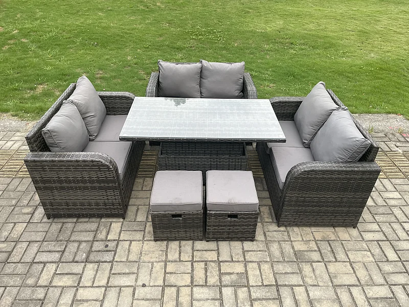 Polyrattan Gartenmöbel Set mit Esstisch Hocker 8-Sitzer