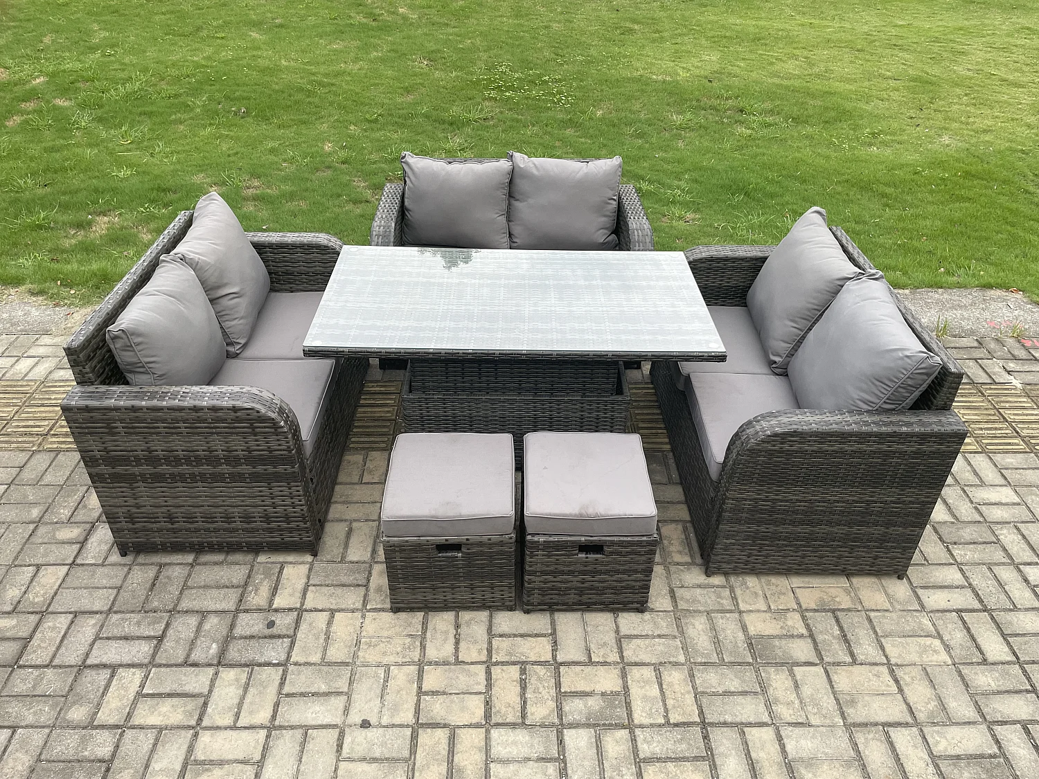 Polyrattan Gartenmöbel Set mit Esstisch Hocker 8-Sitzer