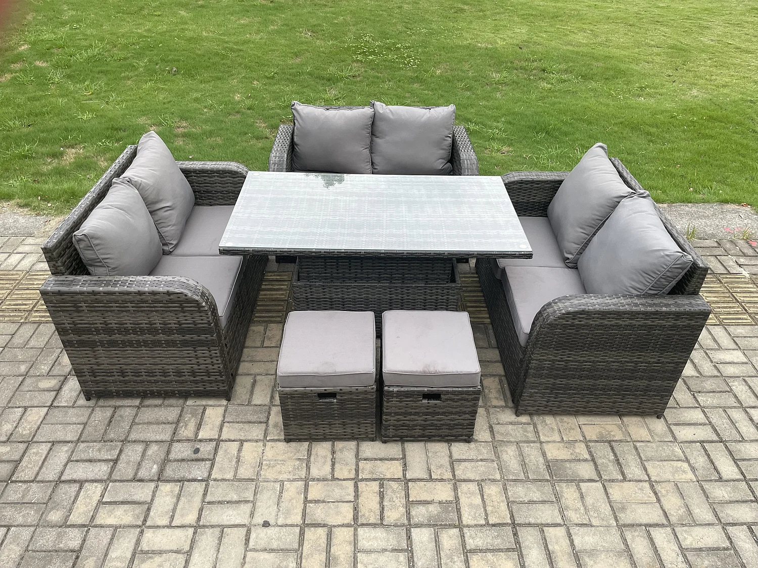 Polyrattan Gartenmöbel Set mit Esstisch Hocker 8-Sitzer