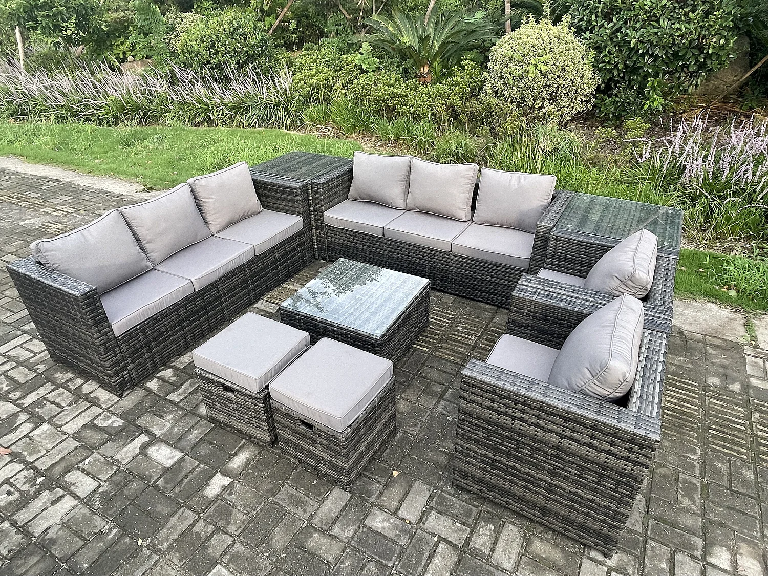 Polyrattan Gartenmöbelset im Freien mit Beistelltisch 10-Sitzer Dunkelgrau