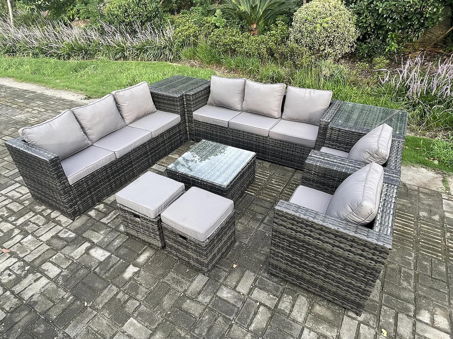 Polyrattan Gartenmöbelset im Freien mit Beistelltisch 10-Sitzer Dunkelgrau