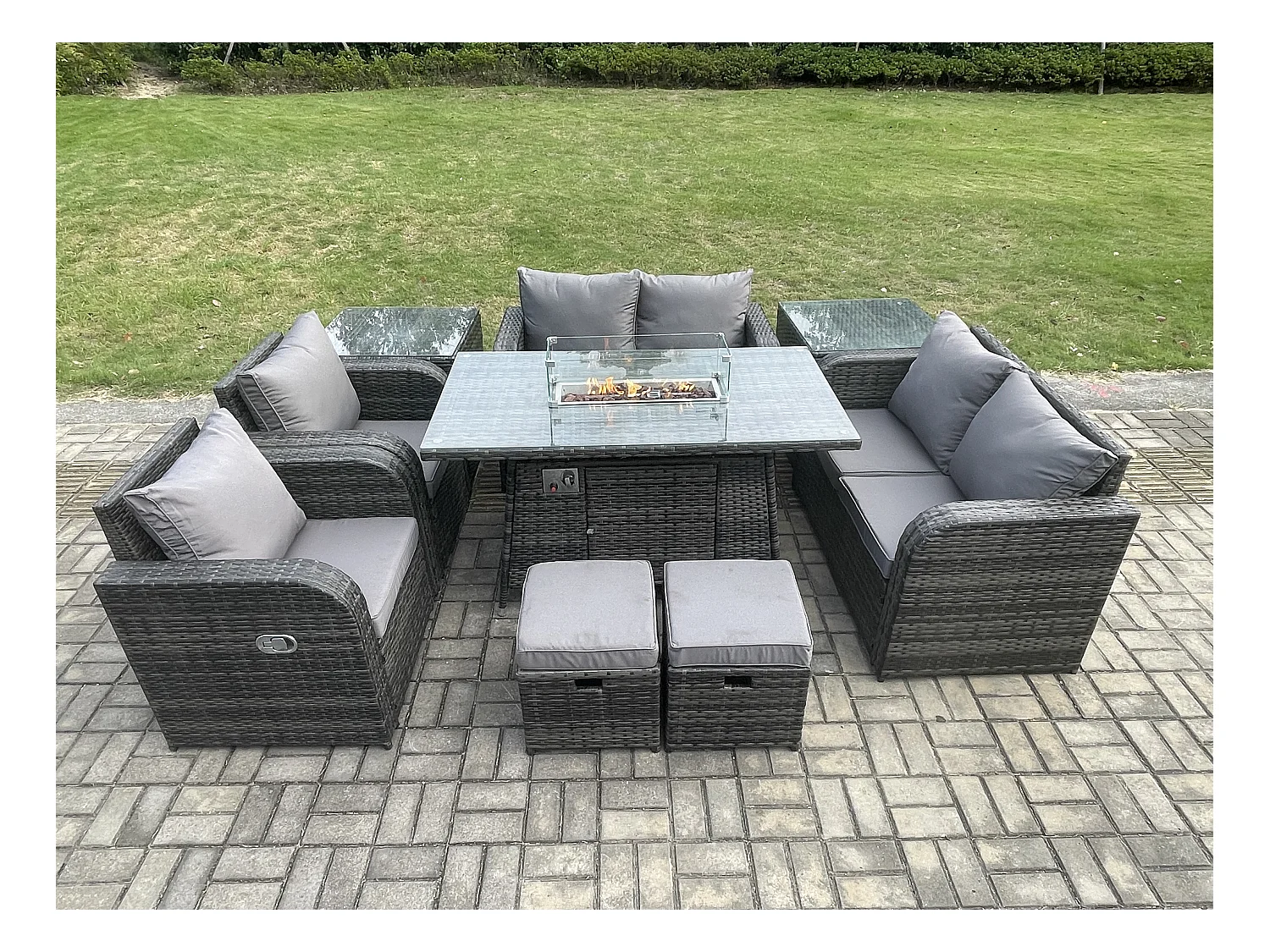 8-Sitzer Gartensofa Garnitur mit Gas Feuerstelle Dunkelgrau
