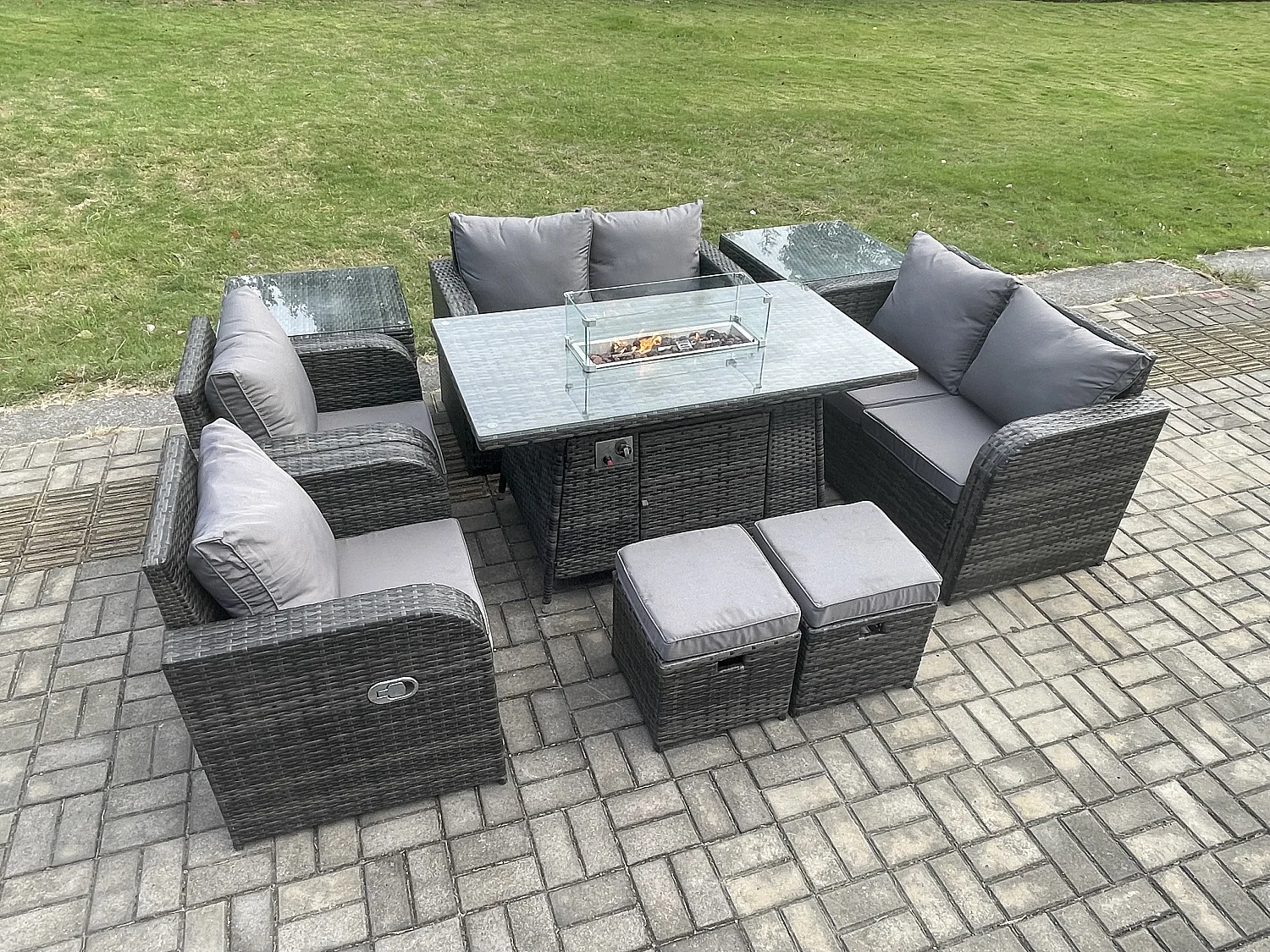 8-Sitzer Gartensofa Garnitur mit Gas Feuerstelle Dunkelgrau