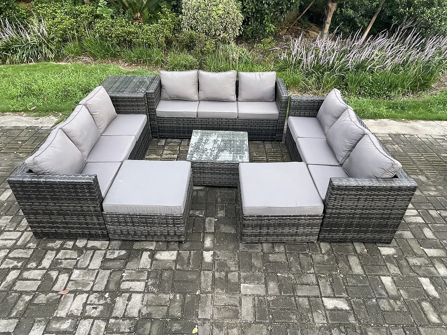 Polyrattan Gartenmöbelset mit Beistelltisch 11-Sitzer Dunkelgrau