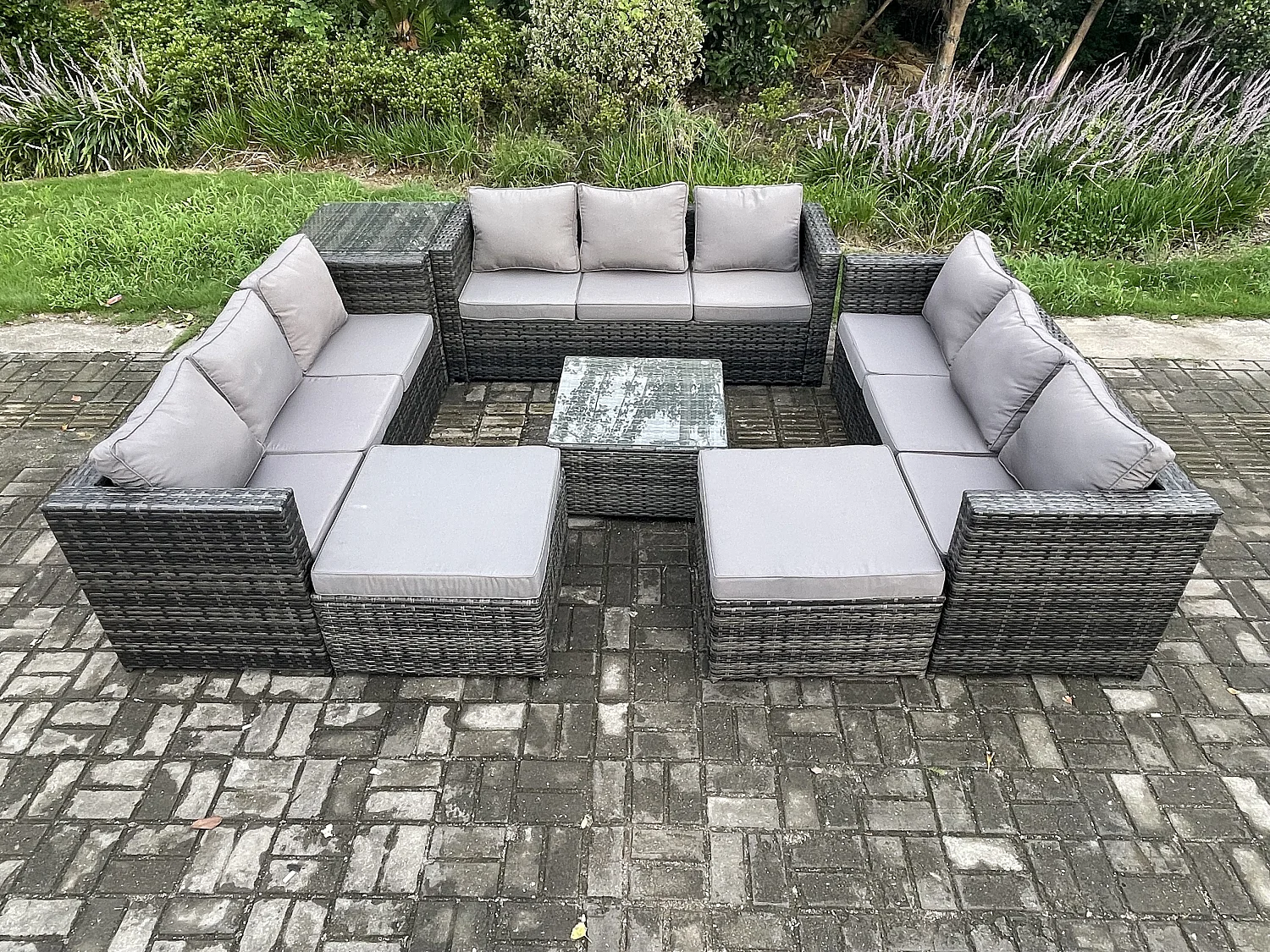 Polyrattan Gartenmöbelset mit Beistelltisch 11-Sitzer Dunkelgrau