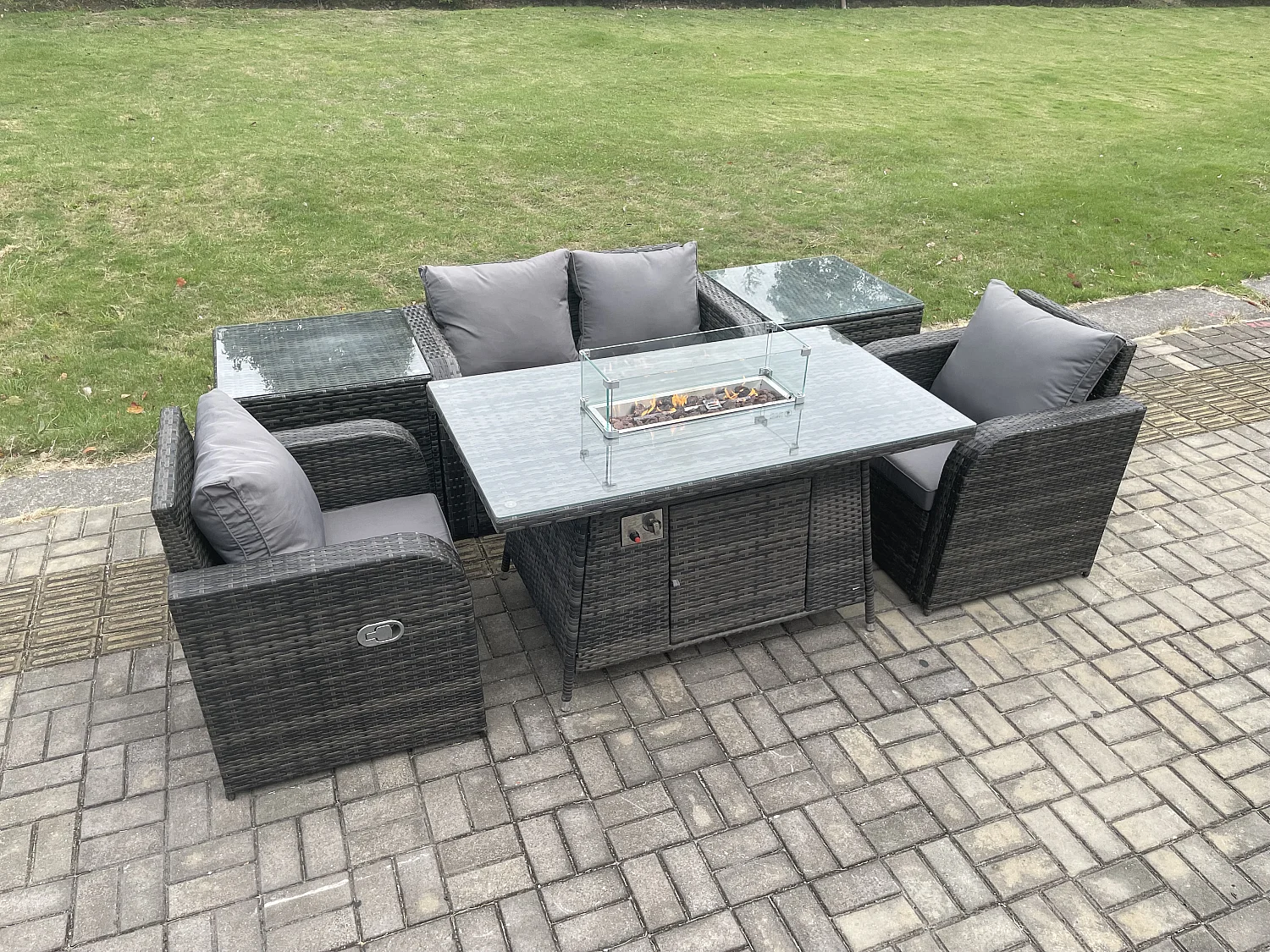 Gartengarnitur Polyrattan mit Gas Feuertisch 4-Sitzer