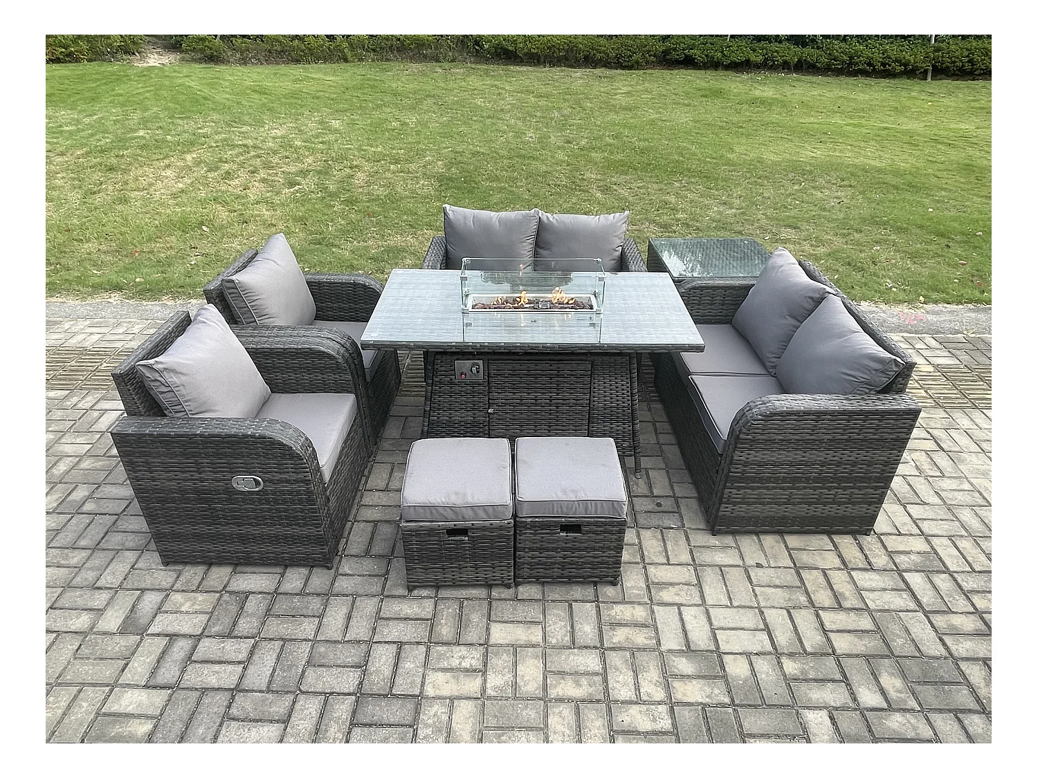 Gartengarnitur Polyrattan mit Gas Feuerstelle 8-Sitzer