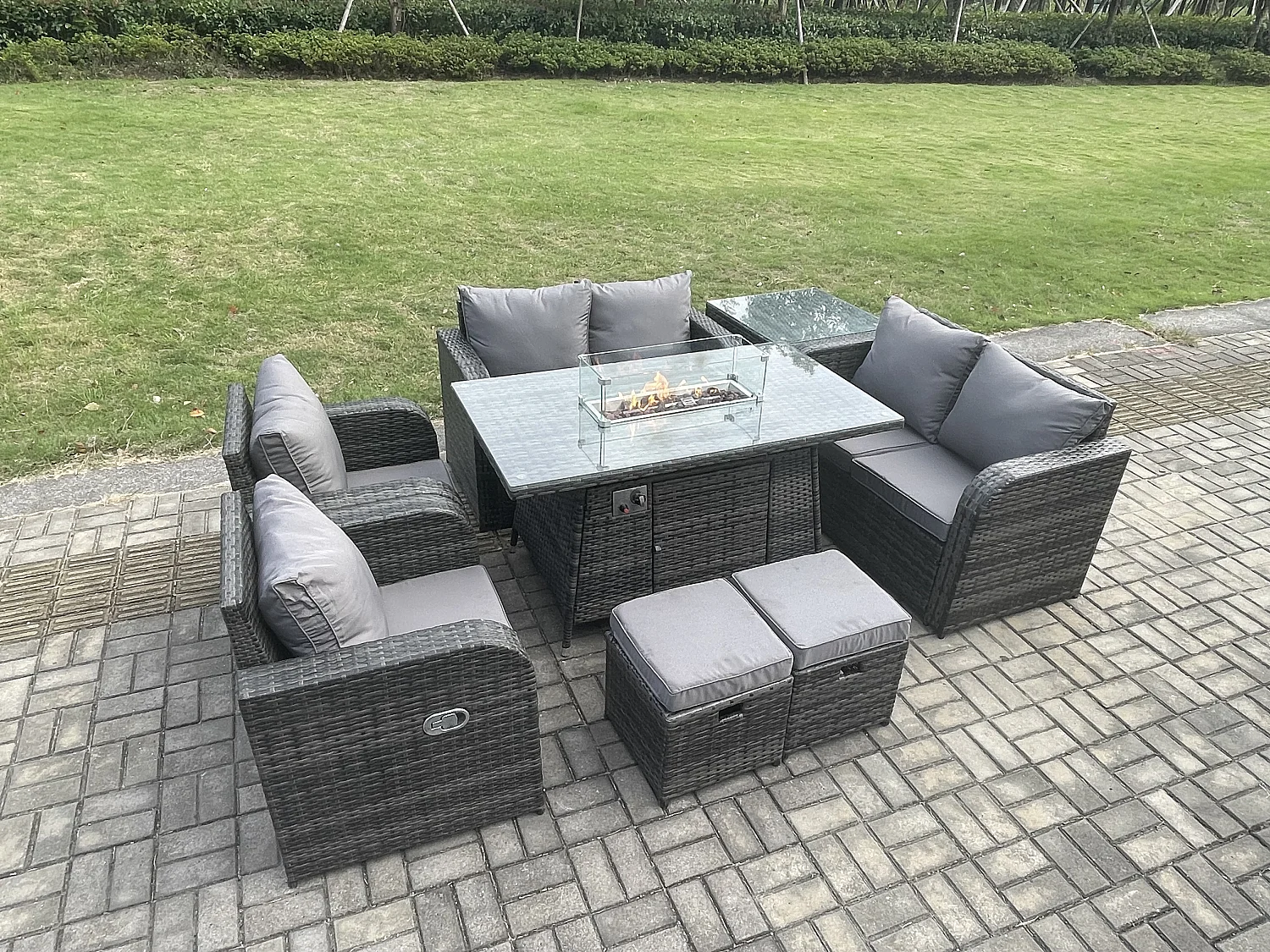 Gartengarnitur Polyrattan mit Gas Feuerstelle 8-Sitzer