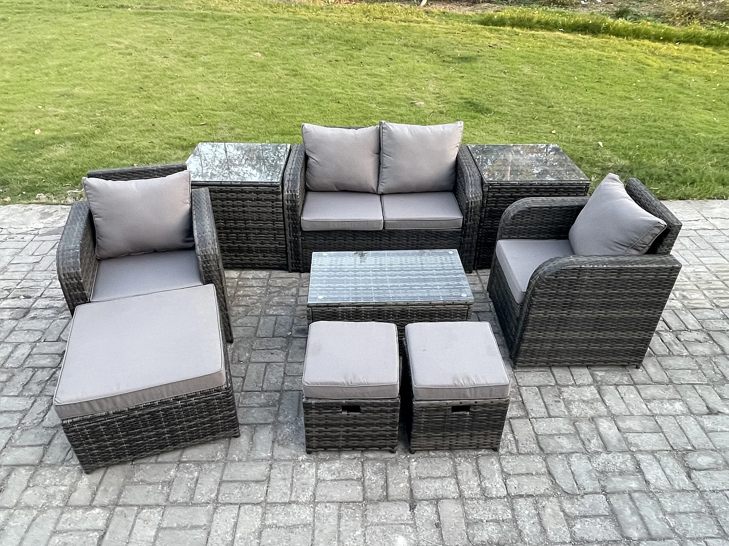 Rattan Gartenmöbel Set mit Gartensofa 7-Sitzer Dunkelgrau