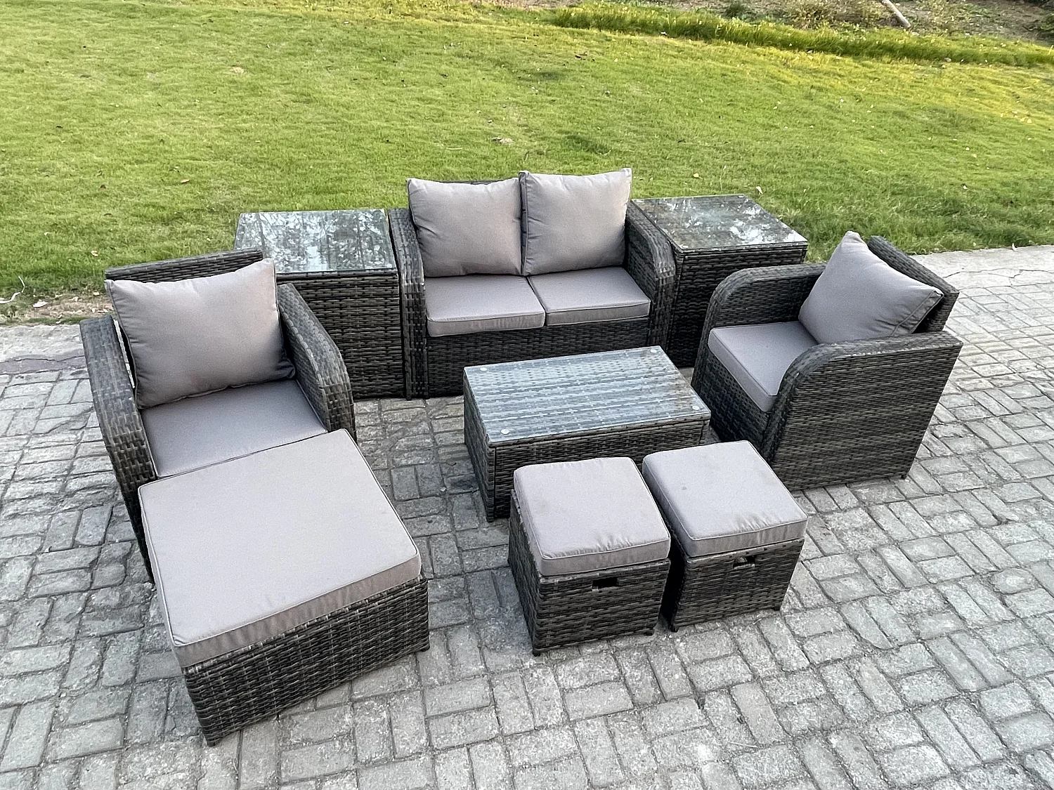 Rattan Gartenmöbel Set mit Gartensofa 7-Sitzer Dunkelgrau